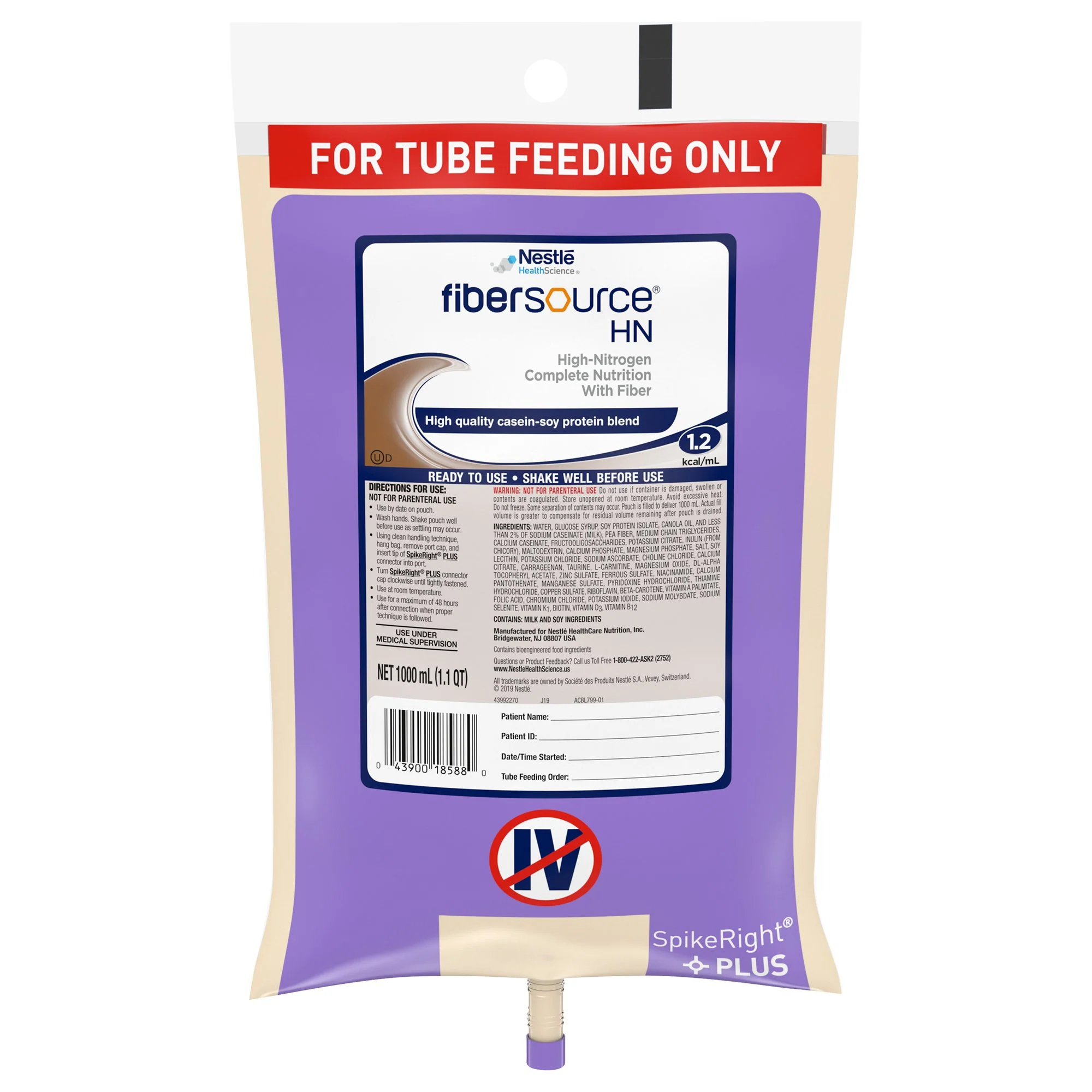 Fibersource® HN 1000mL Ready to Hang Tube Feeding Formula -  6/Case